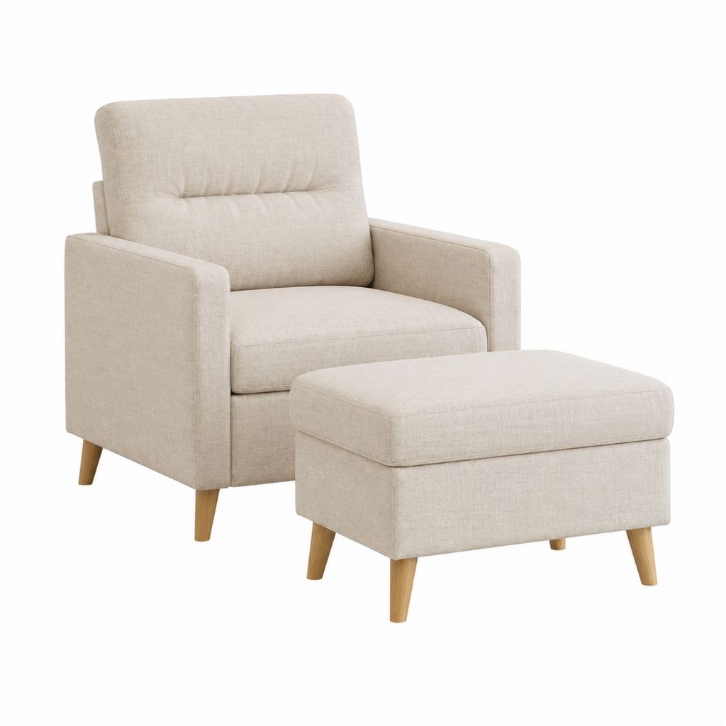 Ensemble fauteuil avec repose-pieds beige en polyester pieds en bois massif fauteuil 78 x 82 x 92 cm repose-pieds 60 x 45 x 42 cm