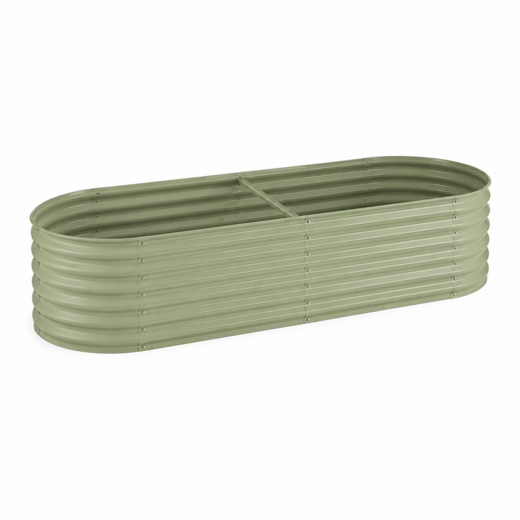 Jardinière surélevée ovale vert sauge en acier galvanisé 240 x 90 x 60 cm