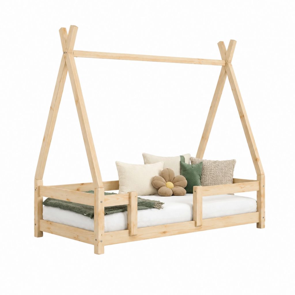 Lit cabane enfant tipi en pin massif naturel 90 x 190 cm