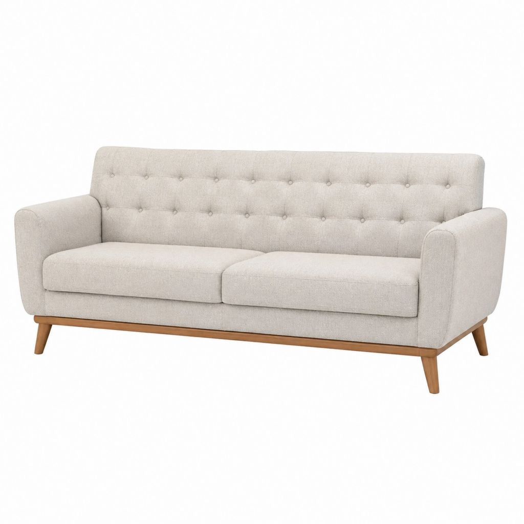 Canapé 3 places beige en polyester capitonné avec pieds en bois massif 190 x 82 x 84 cm
