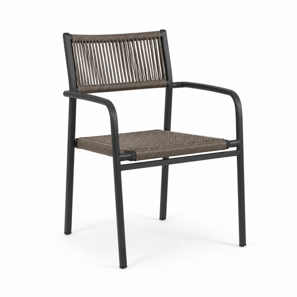 Fauteuil de jardin avec accoudoirs noir et brun en acier et corde polyester 56 x 60 x 83 cm