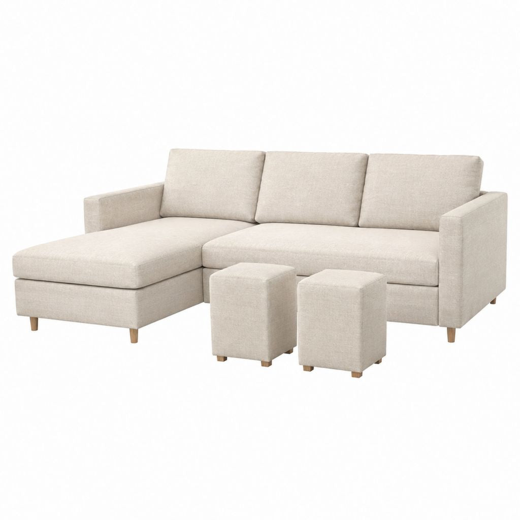 Canapé d'angle gauche 3 places avec méridienne et 2 poufs beige en polyester 260 x 150 x 85 cm