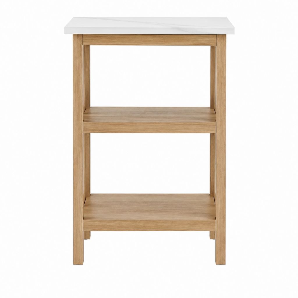 Étagère sur pied rectangulaire en MDF décor chêne et panneau blanc effet marbre 50 x 40 x 90 cm