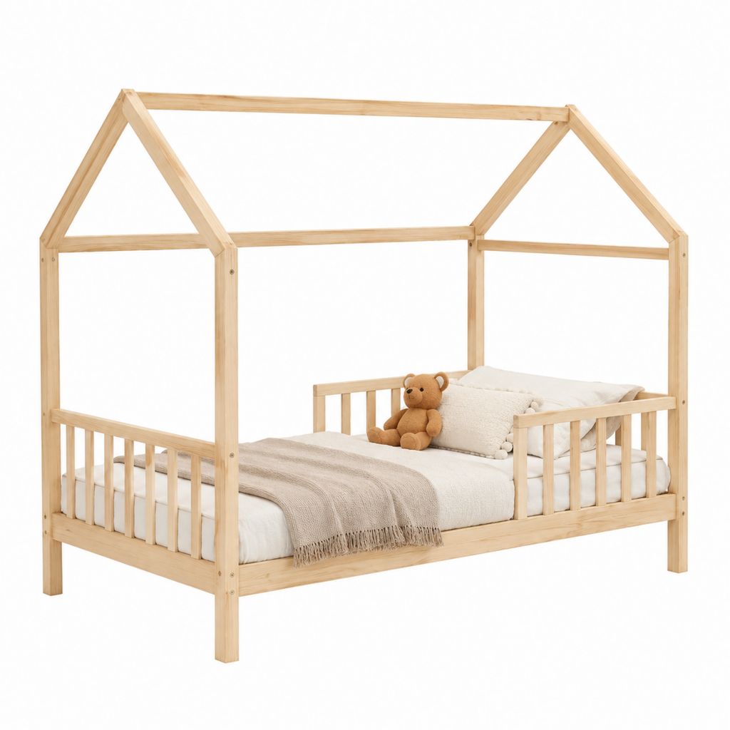 Lit cabane enfant avec barrières en pin massif naturel pour matelas 90 x 190 cm 198 x 98 x 170 cm