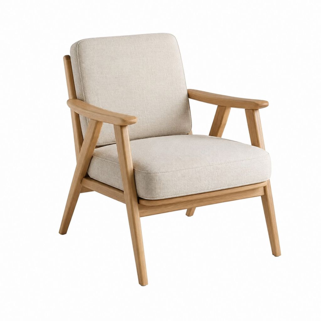 Fauteuil de salon beige en chêne massif avec coussins en polyester 68 x 76 x 82 cm