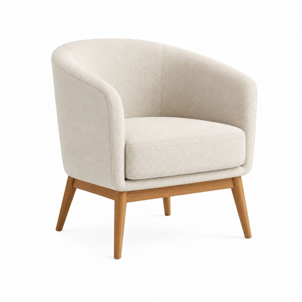 Fauteuil enveloppant beige en polyester bouclé avec pieds en chêne massif 74 x 72 x 78 cm