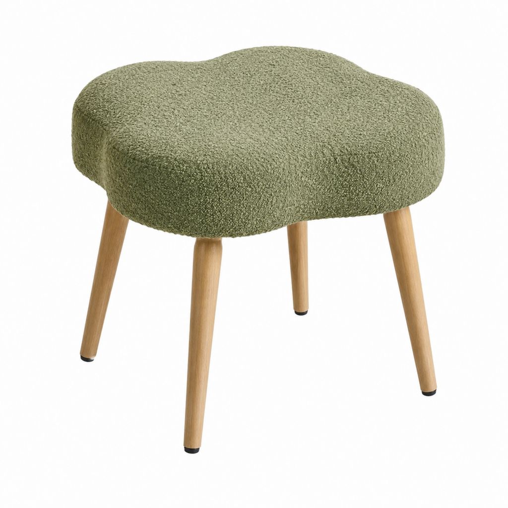 Repose-pieds tabouret vert en polyester bouclette forme trèfle avec pieds en hévéa massif 45 x 45 x 47 cm