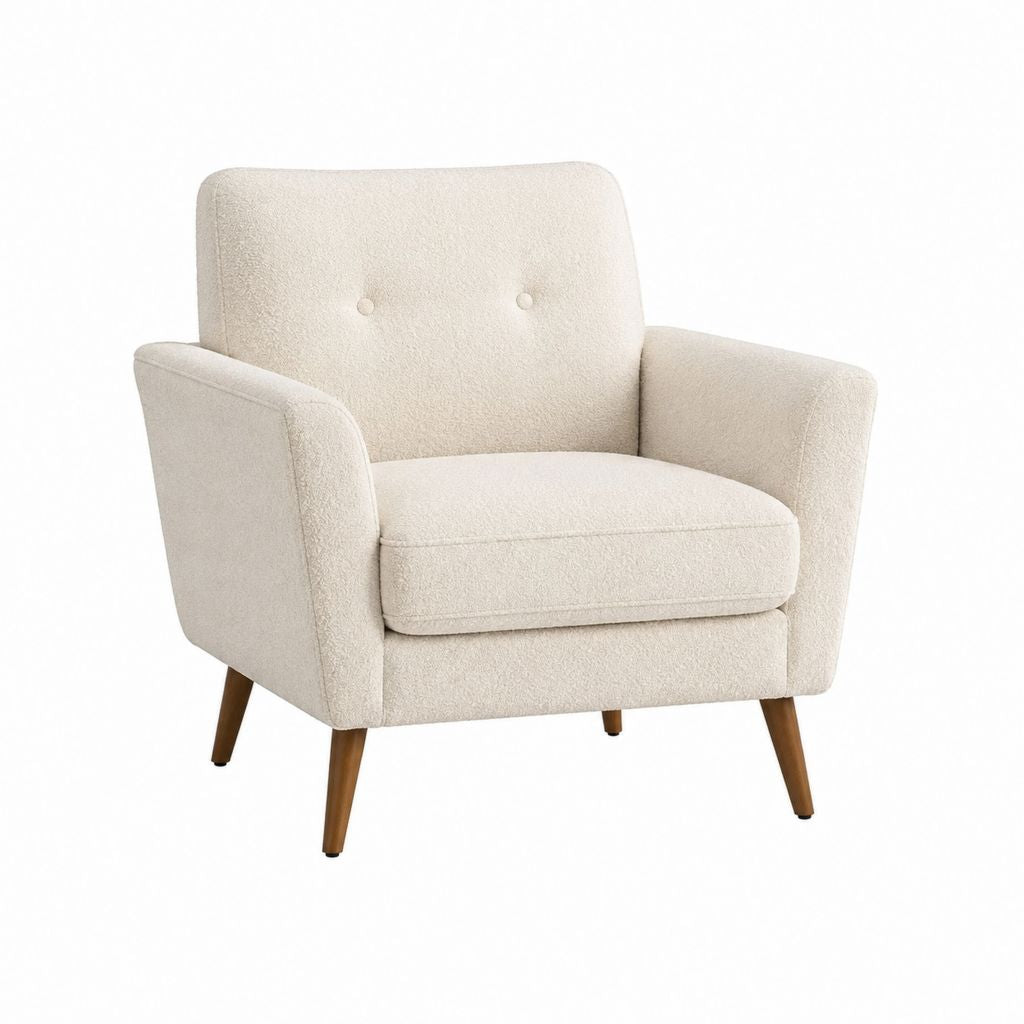 Fauteuil de salon beige en polyester bouclette avec accoudoirs et pieds en hévéa massif 76 x 82 x 86 cm